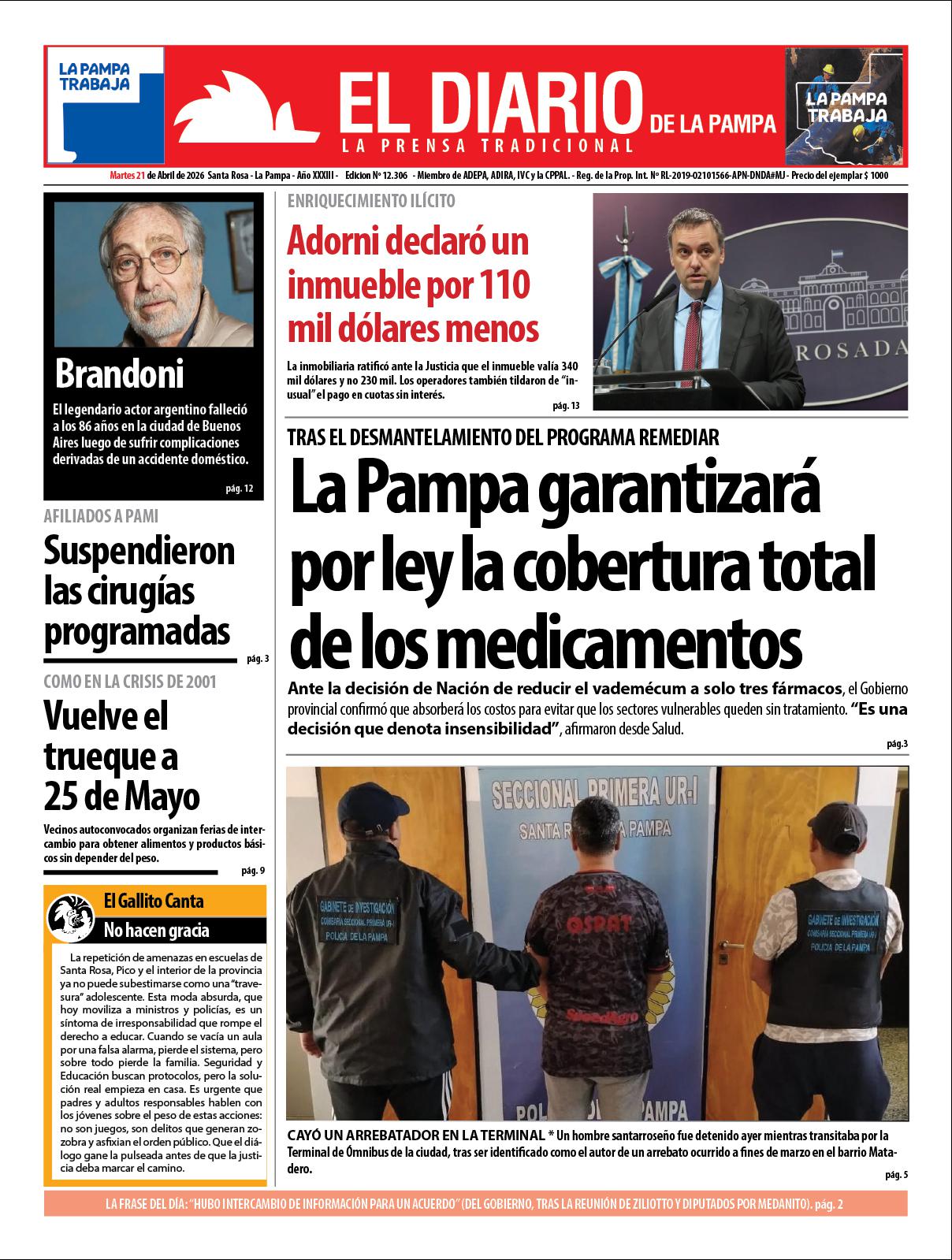 Tapa de El Diario en papel  martes 21 de abril de 2026